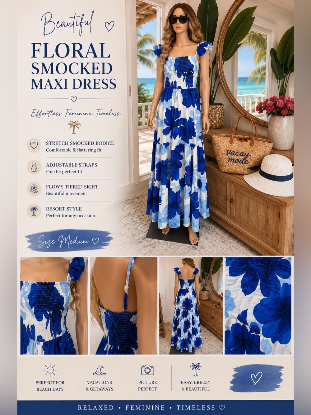 Blue Floral Smocked Maxi Dress - Women